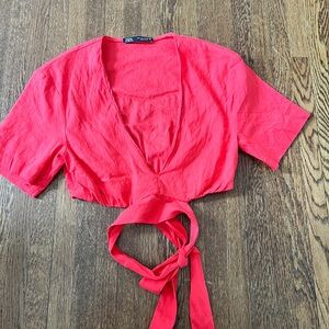 Zara Women's Crop Front‎ Tie V Neck Blouse Size Small Red